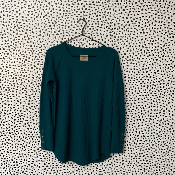 Chaser Tops - Chaser Blue Waffle Knit Button Sleeve Thermal Top